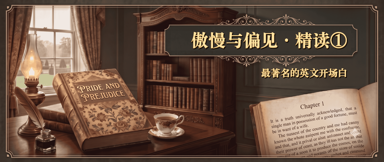 傲慢与偏见精读第一篇封面，古典书房背景上写着最著名的英文开场白